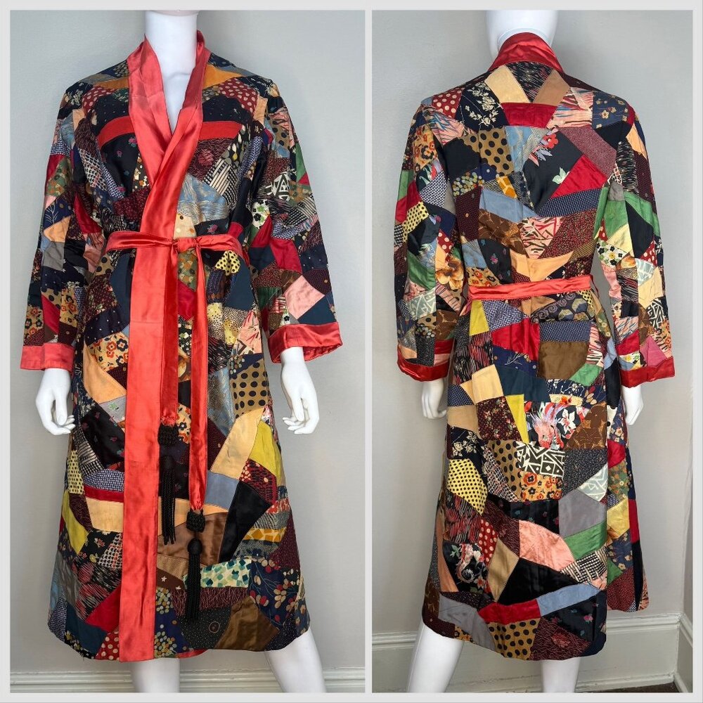 Vintage 1920s/30s Patchwork Crazy Quilt Robe Handmade Size XS-S Belt with Fringe